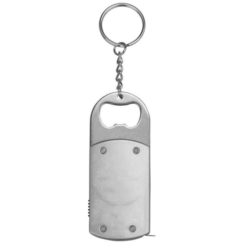 Брелок-открывалка с рулеткой и фонариком "Open", серебристый