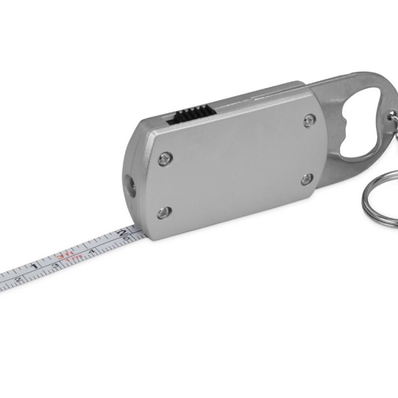 Брелок-открывалка с рулеткой и фонариком "Open", серебристый