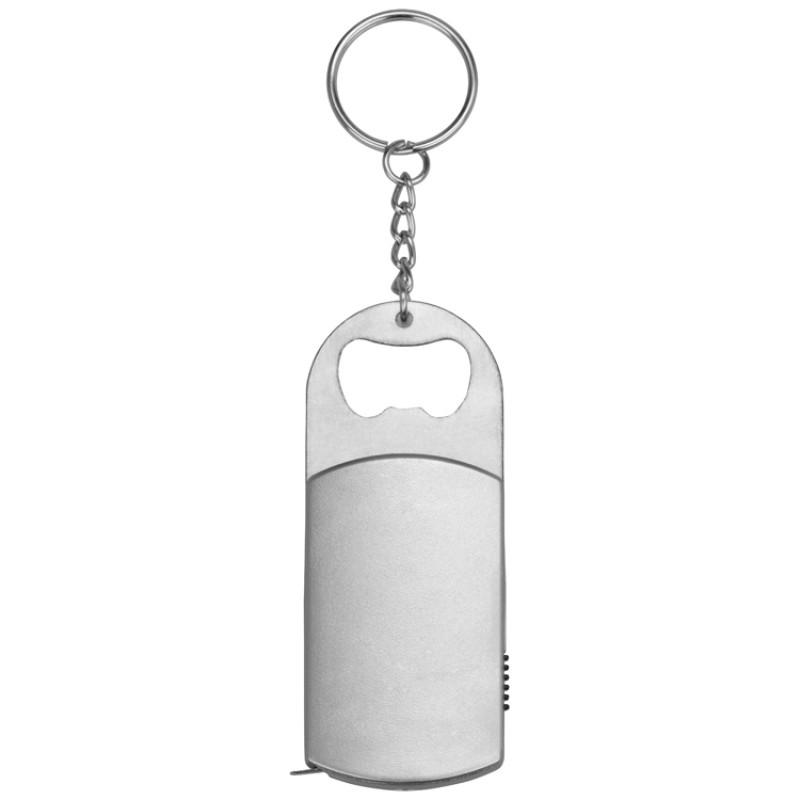 Брелок-открывалка с рулеткой и фонариком "Open", серебристый