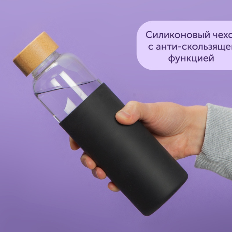Бутылка для воды стеклянная "Refine", в чехле, 550 мл, черный Бутылка для воды стеклянная "Refine", в чехле, 550 мл, черный