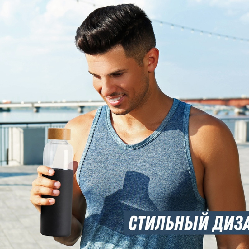 Бутылка для воды стеклянная "Refine", в чехле, 550 мл, черный Бутылка для воды стеклянная "Refine", в чехле, 550 мл, черный