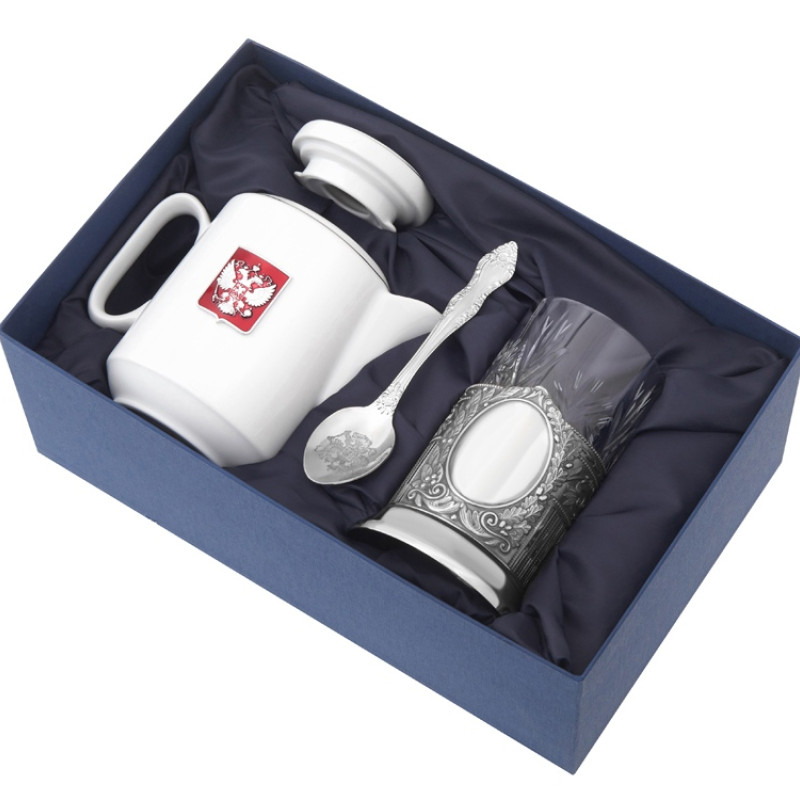 Чайный набор с подстаканником и фарфоровым чайником «ЭГОИСТ-М», серебристый/белый