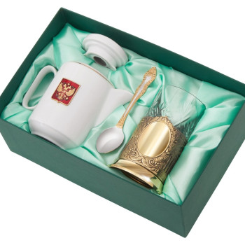 Чайный набор с подстаканником и фарфоровым чайником «ЭГОИСТ-Л», золотистый/белый