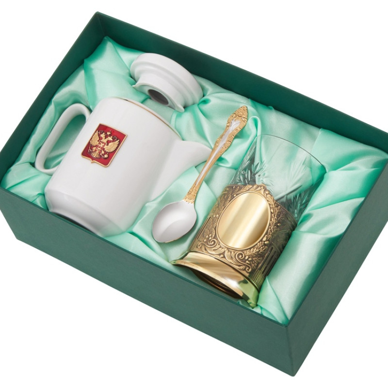 Чайный набор с подстаканником и фарфоровым чайником «ЭГОИСТ-Л», золотистый/белый