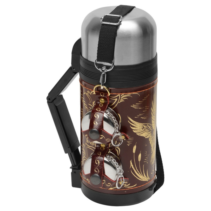 Термос в кожаном чехле, 1,2л, бордовая кожа