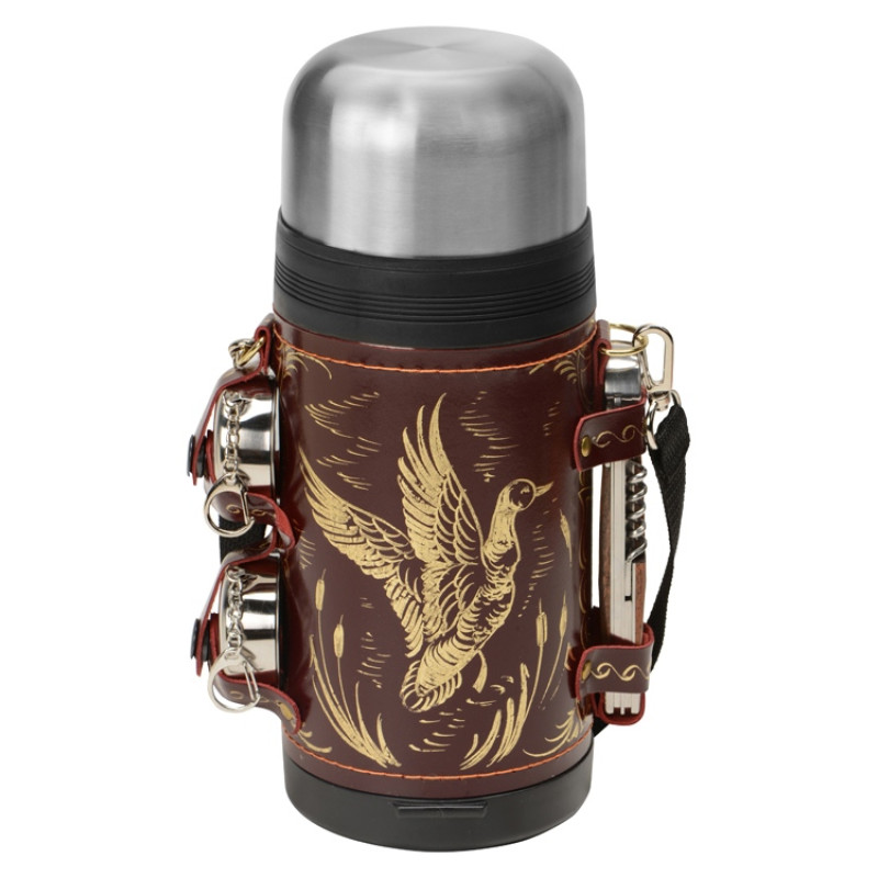 Термос в кожаном чехле, 1,2л, бордовая кожа