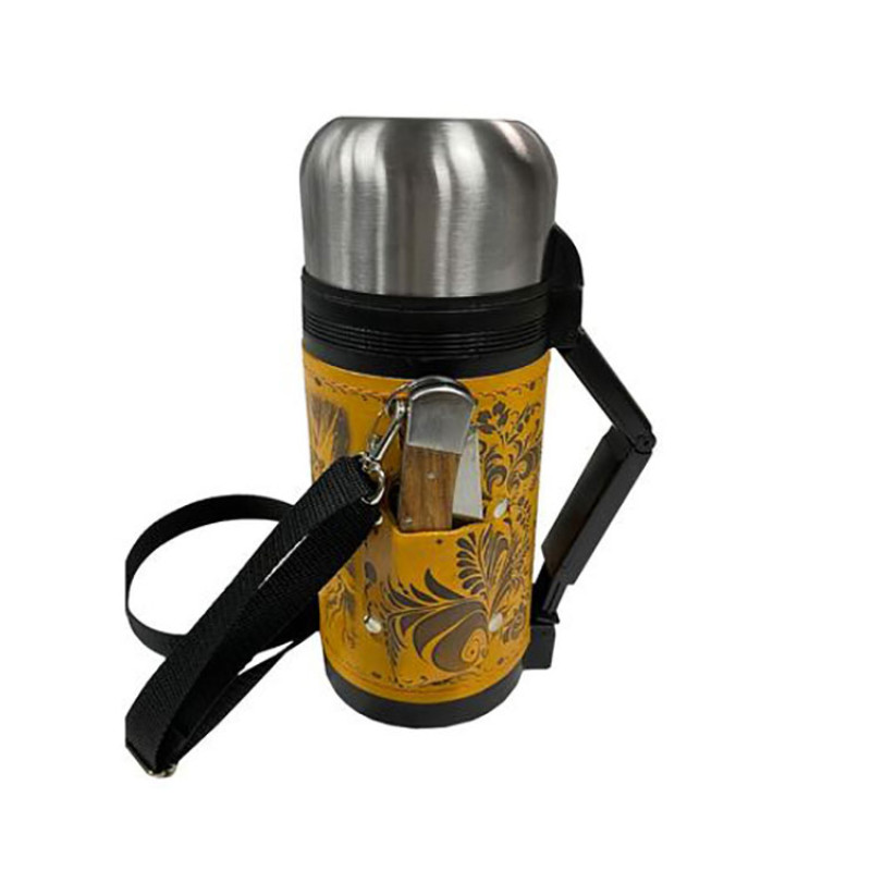 Термос в кожаном чехле, 1,2л, рыжая кожа