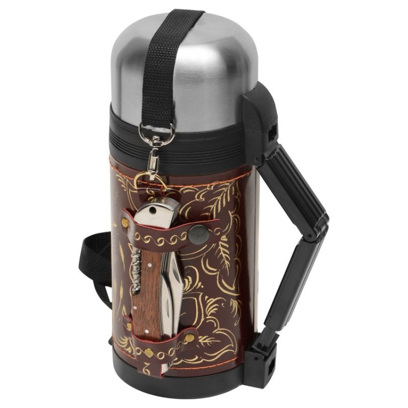 Термос в кожаном чехле, 1,2л, бордовая кожа