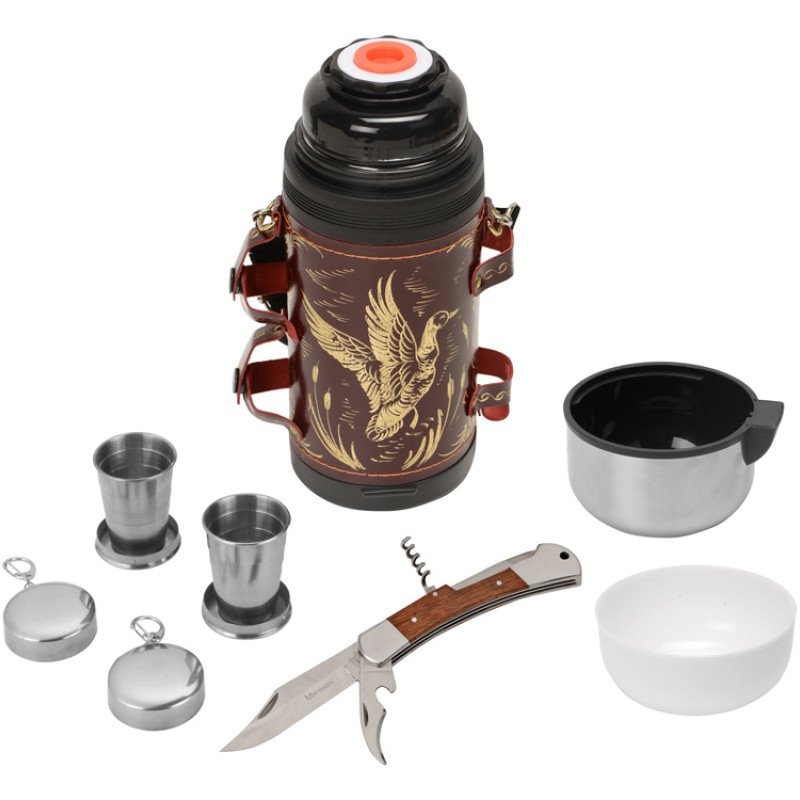 Термос в кожаном чехле, 1,2л, бордовая кожа