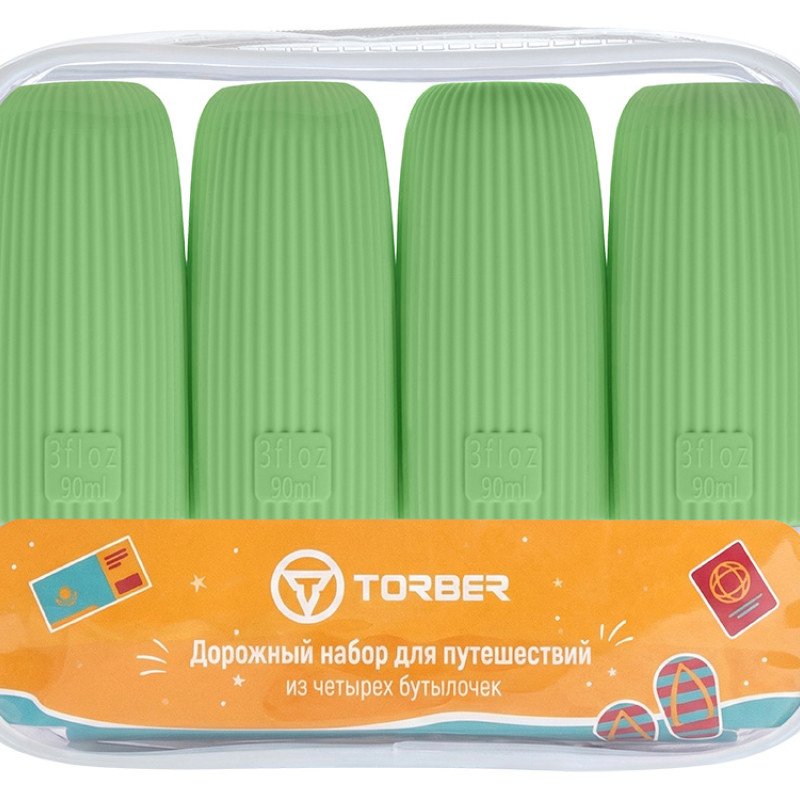 Дорожный набор бутылочек TORBER (4 пр.), силикон, салатовый Дорожный набор бутылочек TORBER (4 пр.), силикон, салатовый