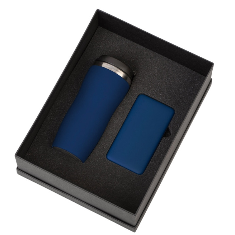 Подарочный набор c термокружкой С1 и повербанком С2, темно-синий