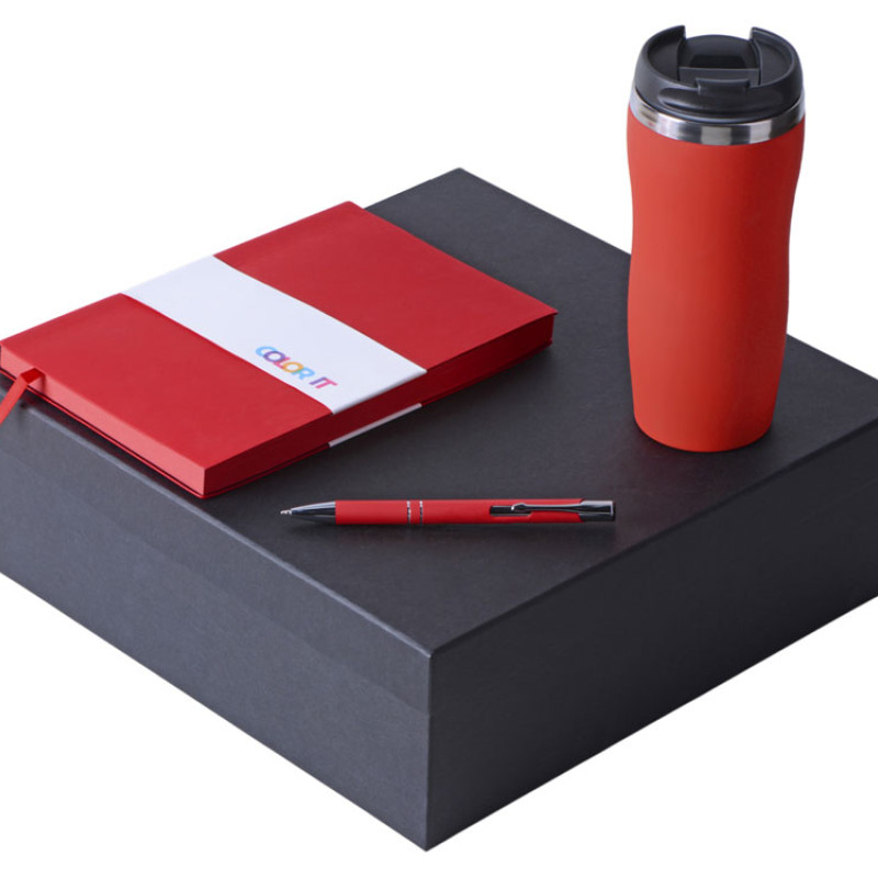 Подарочный набор с блокнотом С1, металлической ручкой и термокружкой, красный