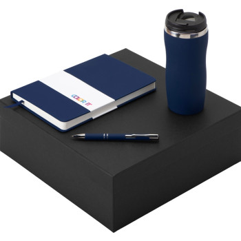 Подарочный набор с блокнотом С2, металлической ручкой и термокружкой, темно-синий