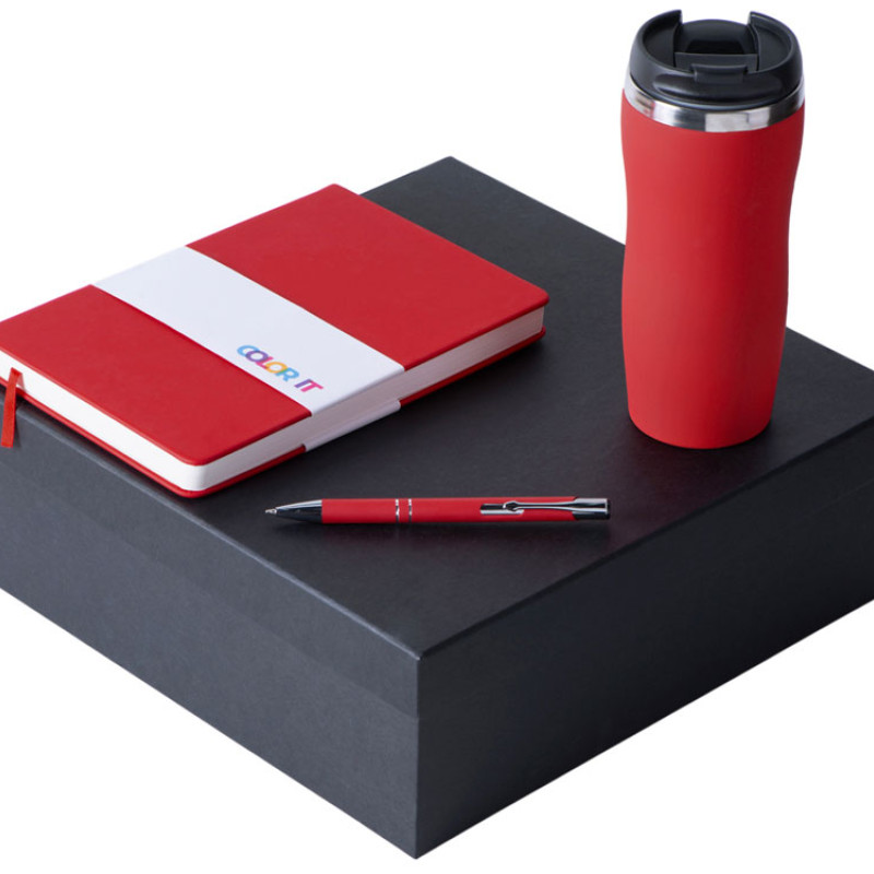 Подарочный набор с блокнотом С3, металлической ручкой и термокружкой, красный