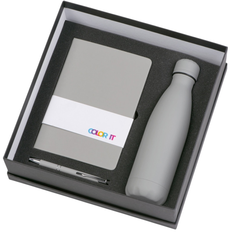 Подарочный набор с блокнотом С1, металлической ручкой и термобутылкой, серый