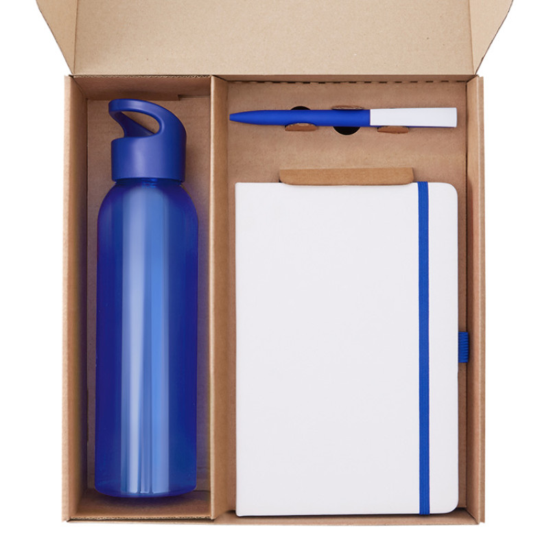 Подарочный набор с бутылкой для воды. блокнотом, ручкой и ланчбоксом,синий