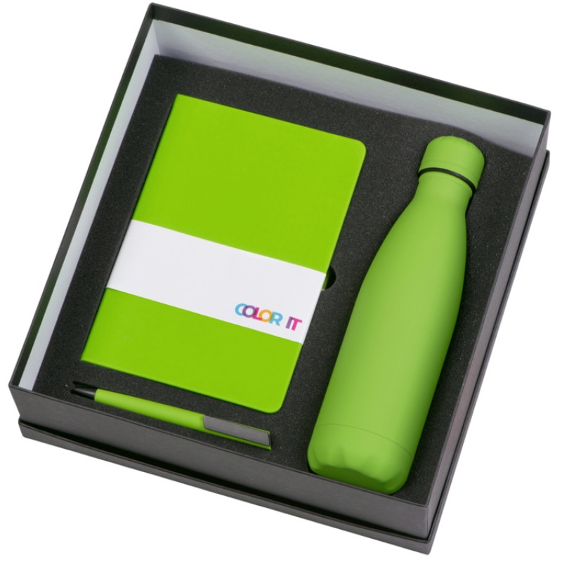 Подарочный набор c блокнотом C2, ручкой и термобутылкой, зеленое яблоко