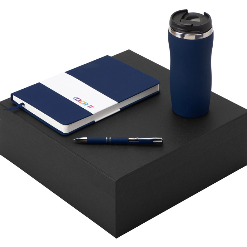 Подарочный набор с блокнотом С3, металлической ручкой и термокружкой, темно-синий