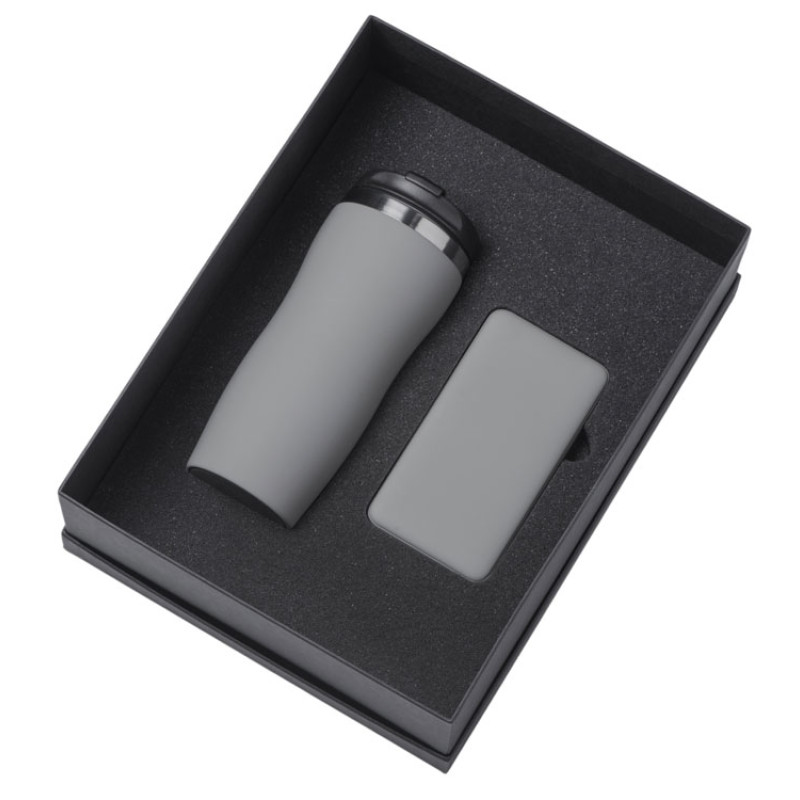 Подарочный набор c вакуумной термокружкой и повербанком С2, серый