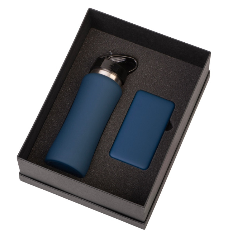 Подарочный набор с бутылкой для воды и повербанком С1, 5000 mAh, темно-синий
