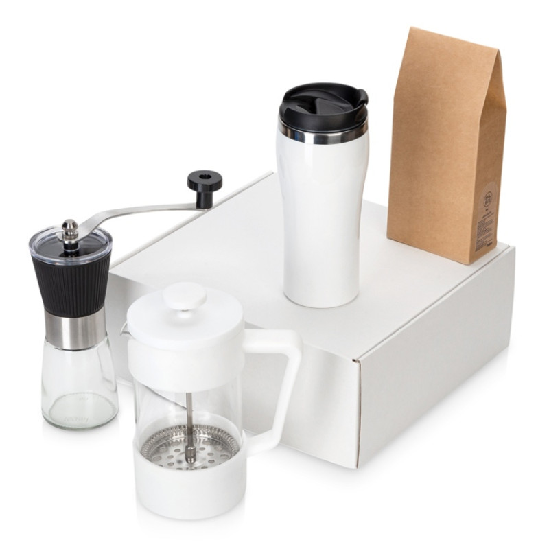 Подарочный набор с кофе, кружкой и френч-прессом "Бодрое утро" 2.0, белый