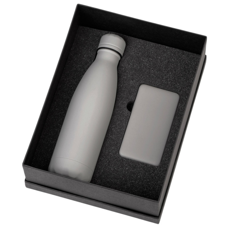 Подарочный набор с термобутылкой и повербанком С2, серый