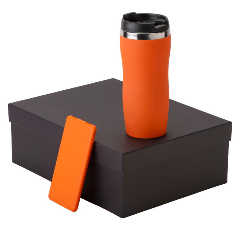 Подарочный набор c вакуумной термокружкой и повербанком С1, оранжевый
