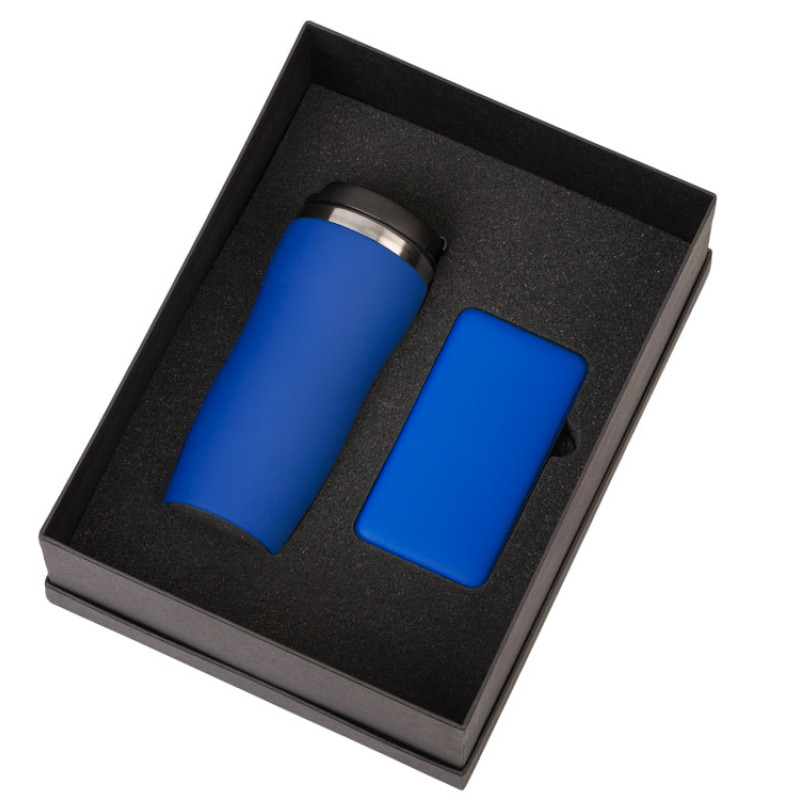 Подарочный набор c вакуумной термокружкой и повербанком С2, синий