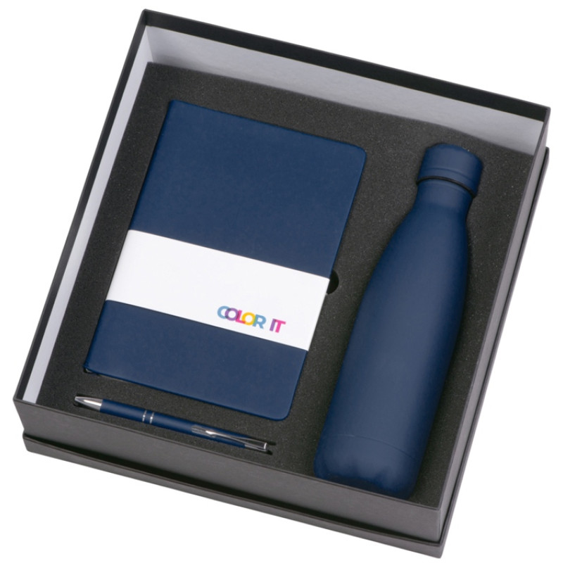 Подарочный набор с блокнотом С2, металлической ручкой и термобутылкой, темно-синий