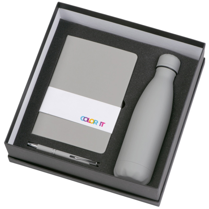 Подарочный набор с блокнотом С2, металлической ручкой и термобутылкой, серый