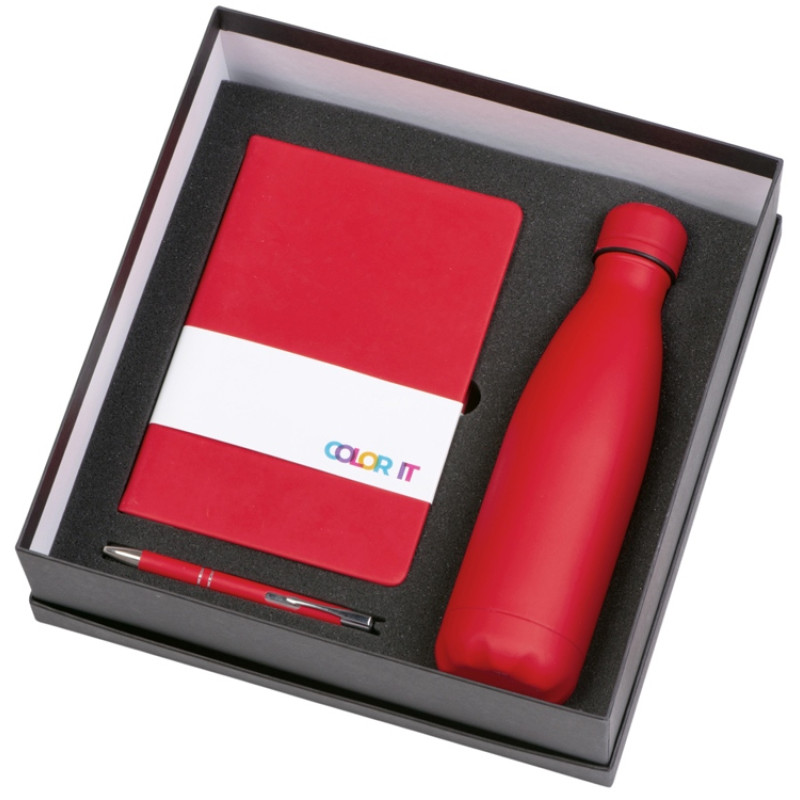 Подарочный набор с блокнотом С2, металлической ручкой и термобутылкой, красный