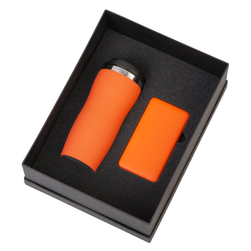 Подарочный набор c вакуумной термокружкой и повербанком С1, оранжевый