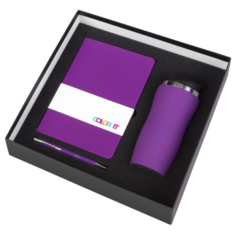 Подарочный набор с блокнотом С1, металлической ручкой и термокружкой, фиолетовый