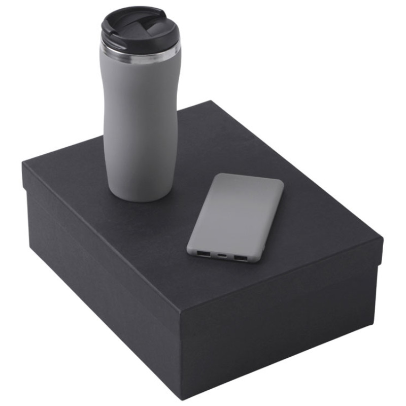 Подарочный набор c вакуумной термокружкой и повербанком С1, серый