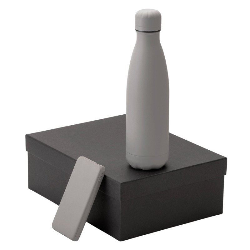 Подарочный набор с термобутылкой и повербанком С2, серый