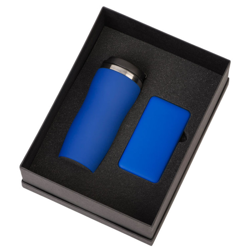 Подарочный набор c вакуумной термокружкой и повербанком С1, синий