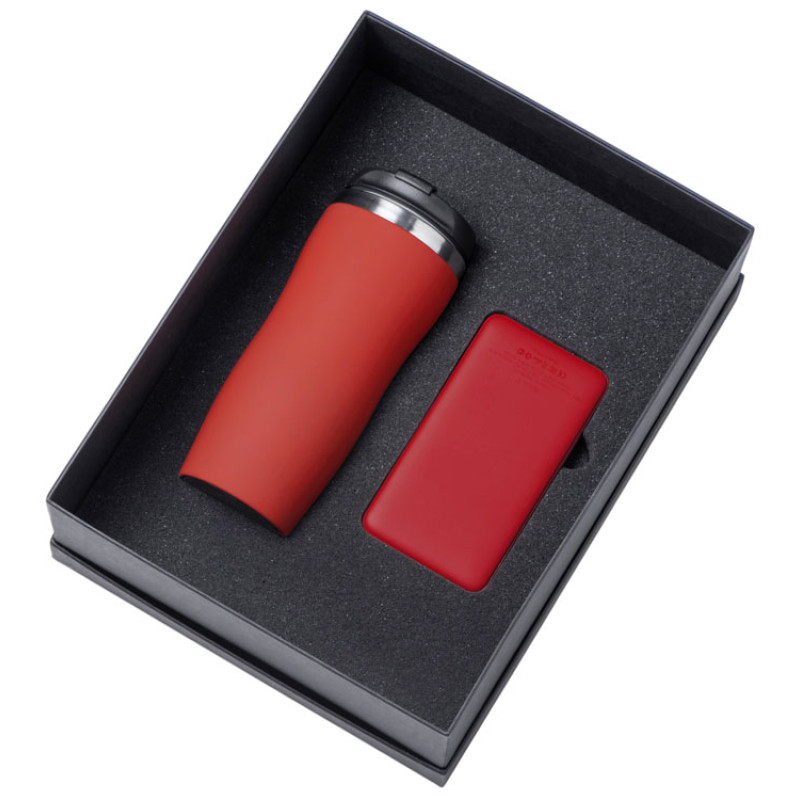 Подарочный набор c вакуумной термокружкой и повербанком С1, красный