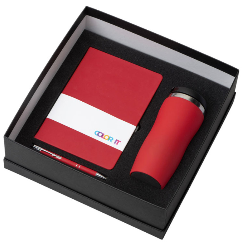 Подарочный набор с блокнотом С3, металлической ручкой и термокружкой, красный
