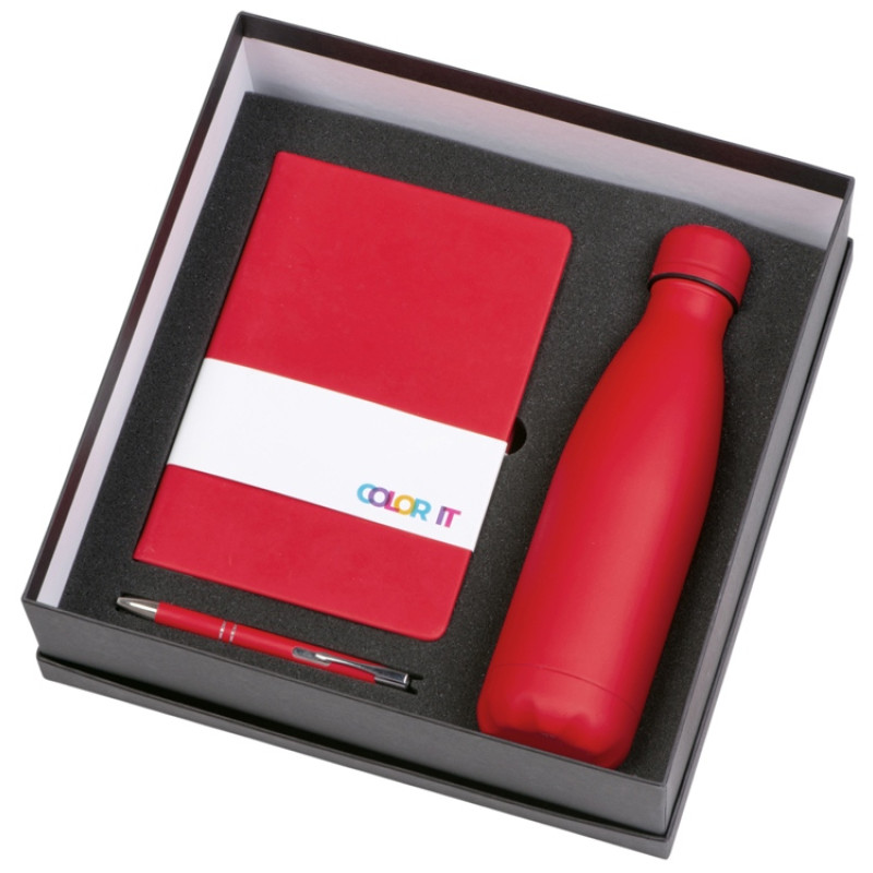 Подарочный набор с блокнотом С1, металлической ручкой и термобутылкой, красный