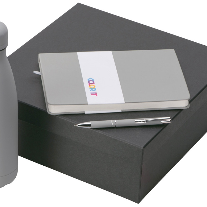 Подарочный набор с блокнотом С2, металлической ручкой и термобутылкой, серый