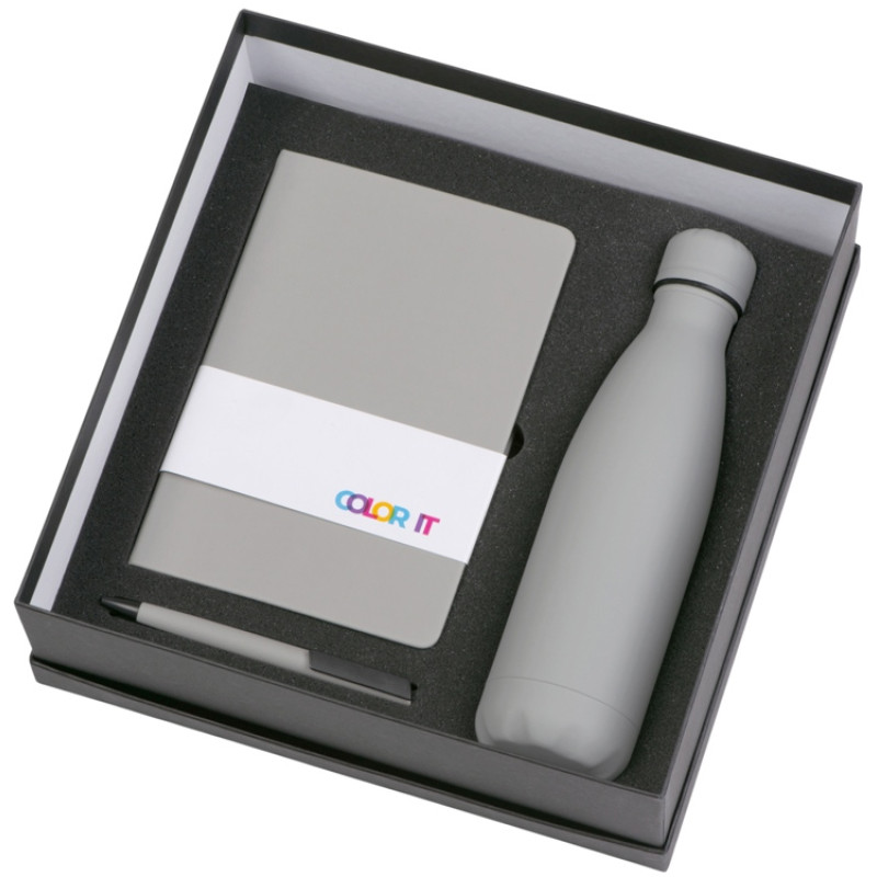 Подарочный набор c блокнотом C1, ручкой и термобутылкой, серый