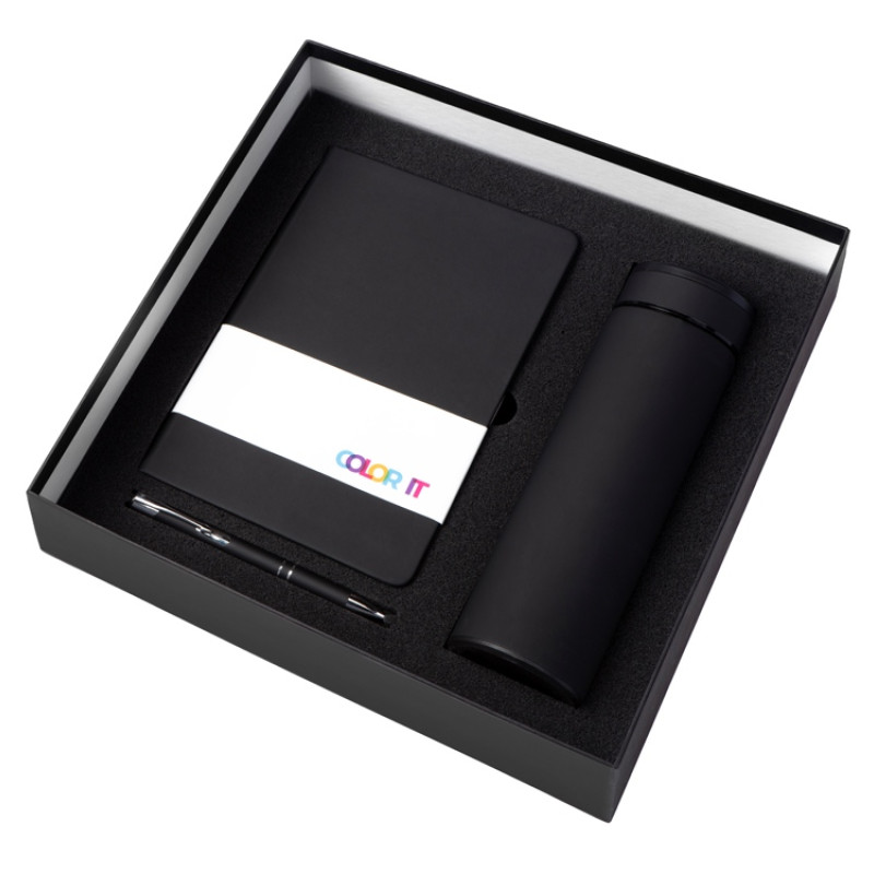 Подарочный набор с блокнотом С3, металлической ручкой и термосом, черный