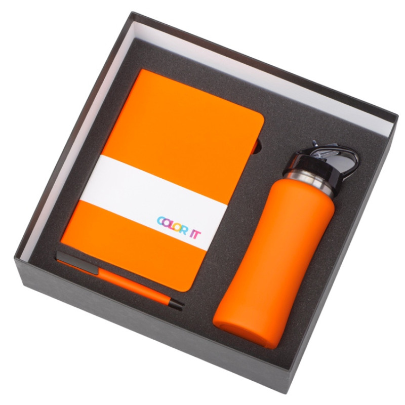 Подарочный набор c блокнотом C1, ручкой и бутылкой, оранжевый