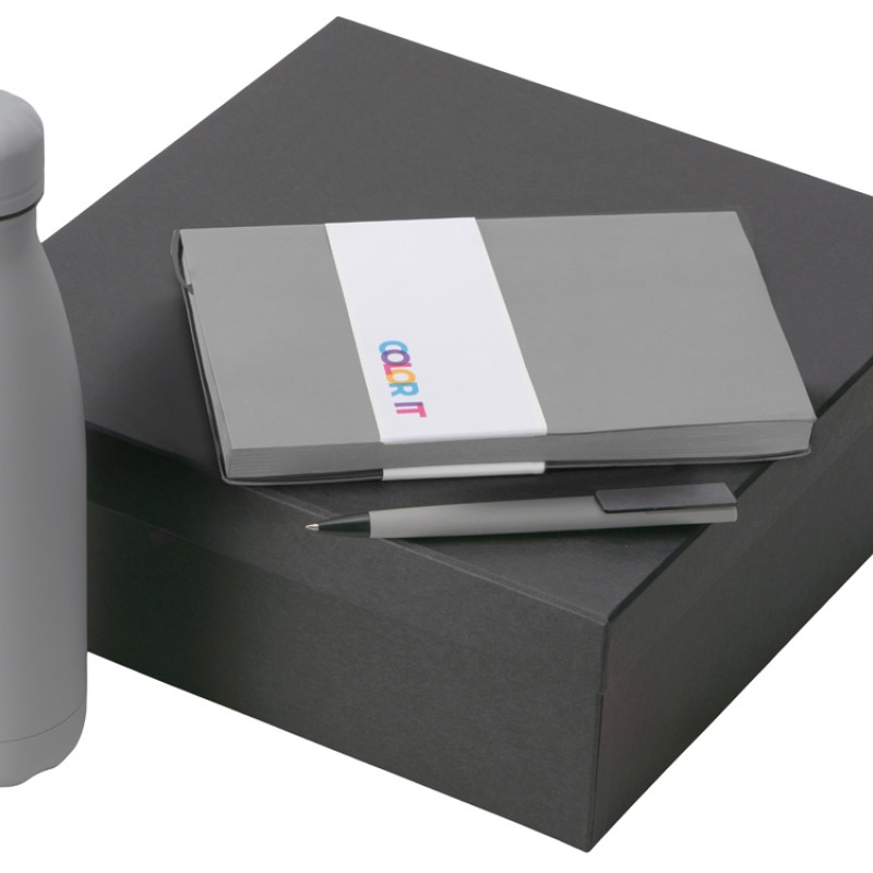 Подарочный набор c блокнотом C1, ручкой и термобутылкой, серый