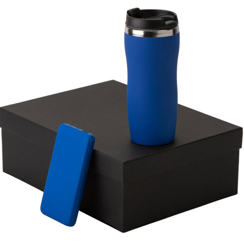 Подарочный набор c вакуумной термокружкой и повербанком С2, синий