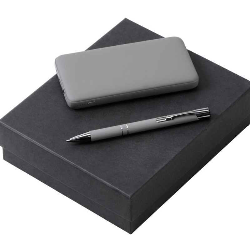 Подарочный набор c ручкой и повербанком 10000 mAh, серый