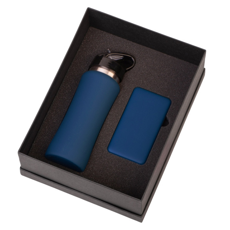 Подарочный набор с бутылкой для воды и повербанком С2, 10000 mAh, темно-синий