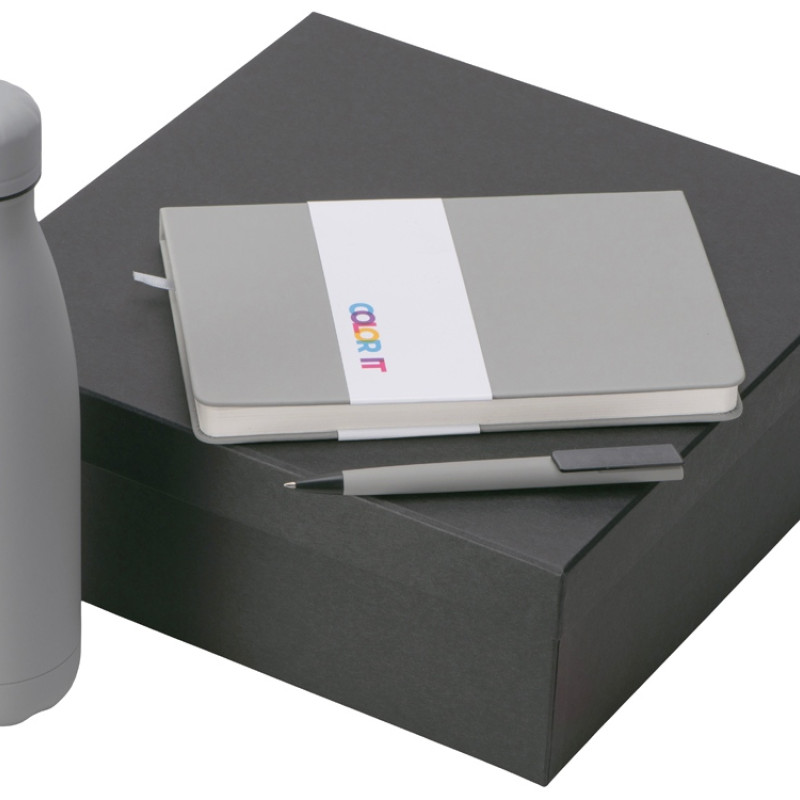 Подарочный набор c блокнотом C2, ручкой и термобутылкой, серый