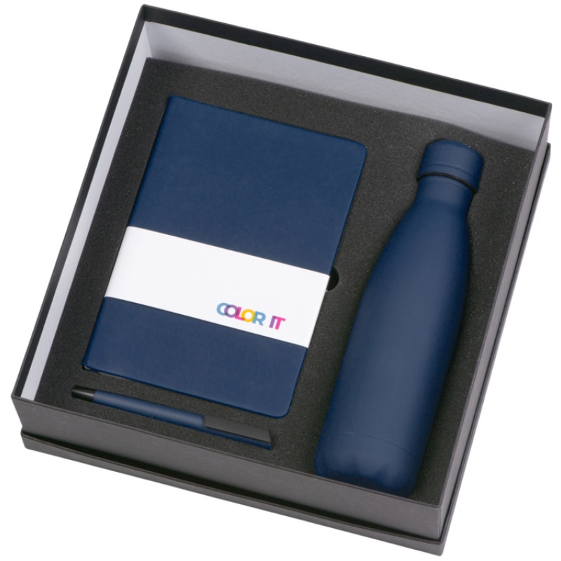 Подарочный набор c блокнотом C3, ручкой и термобутылкой, темно-синий