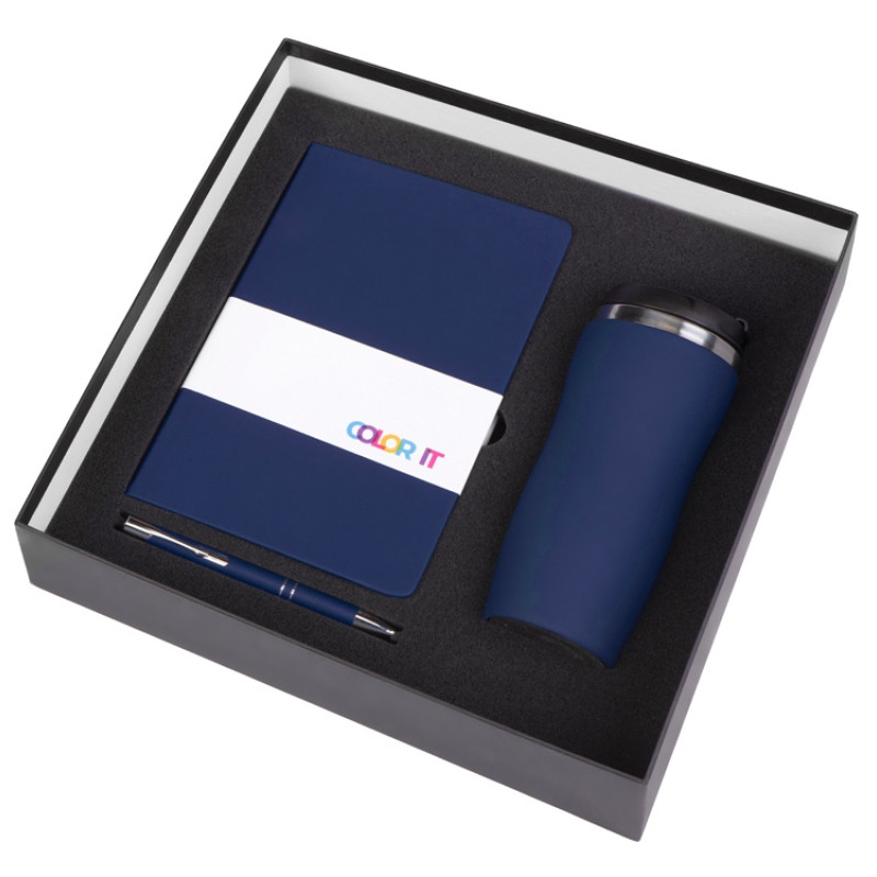 Подарочный набор с блокнотом С2, металлической ручкой и термокружкой, темно-синий